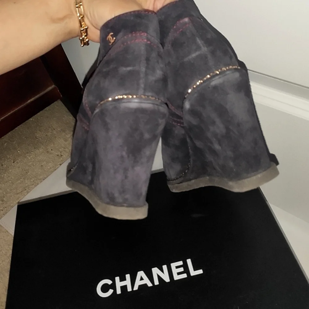 CHANEL Blueberry Blue Suede Wedge Boots 38.5